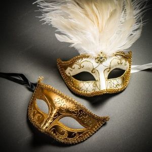 Venetian Gold Mardi Gras White Feather Couple Mask Halloween Party Eye Mask